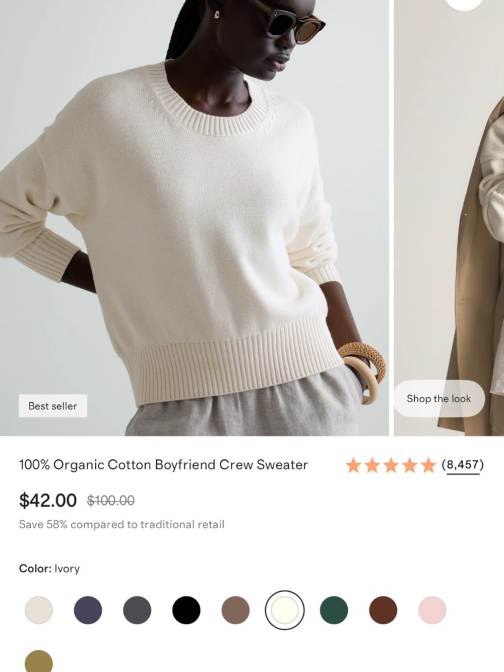 Quince Cotton Boyfriend Crew Sweater in Ivory - Picture 3 of 3